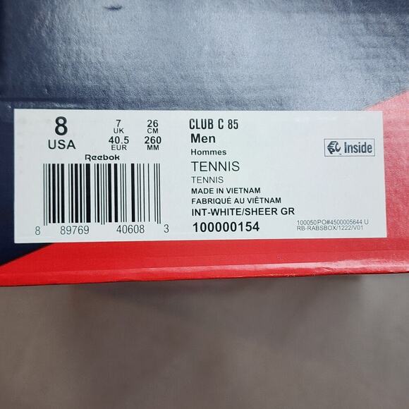 Reebok Classic Club C 85 Tennis‎ Shoe Sneaker White Mens Sz 8 NEW - Picture 8 of 8